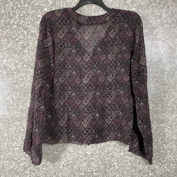 Axcess Purple Paisley Semi Sheer Ruffle Front Blouse - Size 12 - Long Sleeve Top - Picture 7 of 7
